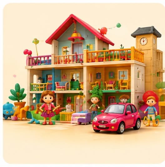 Dollhouse with dolls and toy car
