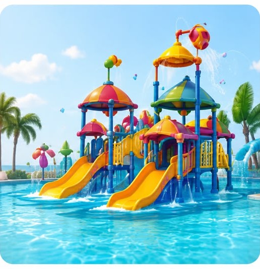 Colorful pool with water slides